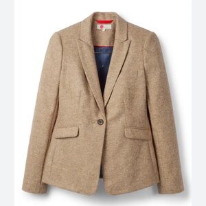 Boden British Tweed Tan Herringbone Coat with Navy Lining and Red Trim